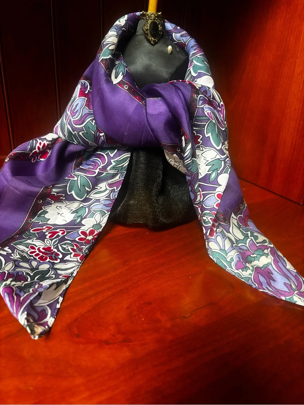 Vintage Floral Print Silk Scarf Blue Purple Pink Multi-Color